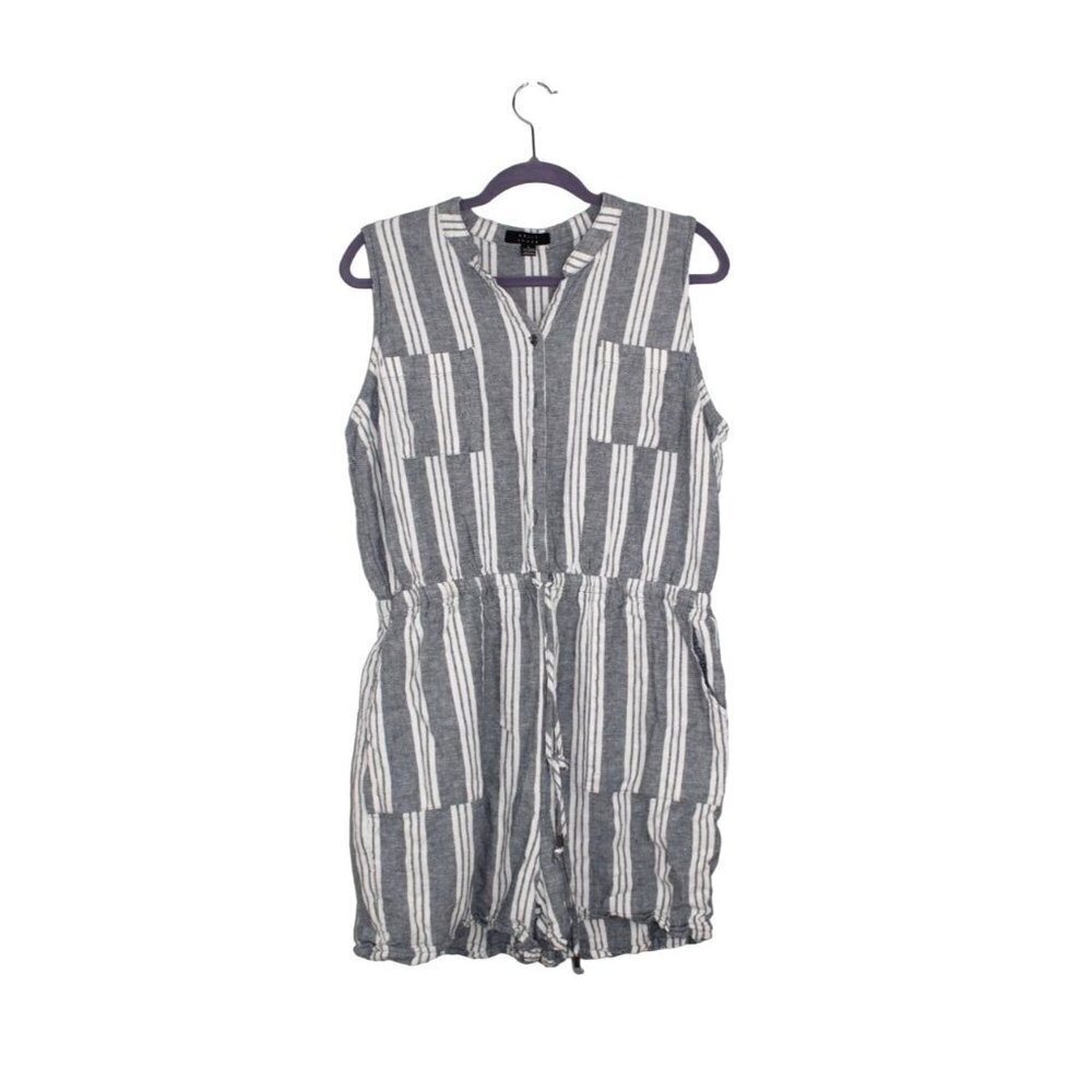 Kelly Renee Jumpsuit Women's L Blue White Striped Linen Blend Romper Beachy Boho